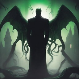 Slender Man hugging Cthulhu in a surreal and eerie setting