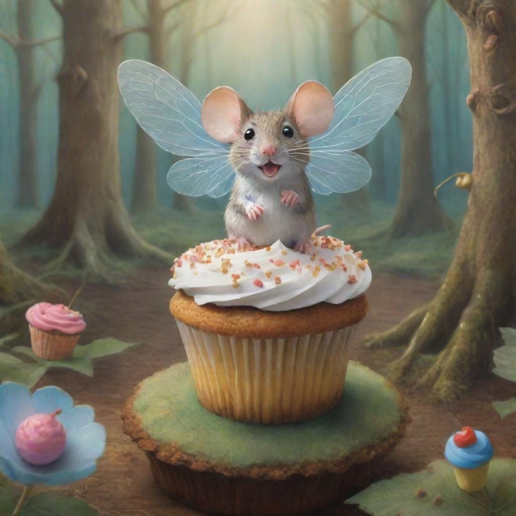 Illustrate a whimsical scene where a surprised yet delighted mouse in a magical forest witnesses a cupcake with whimsical wings flying past him, adding to the enchantment of the place.