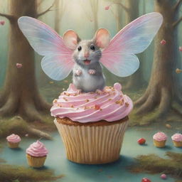 Illustrate a whimsical scene where a surprised yet delighted mouse in a magical forest witnesses a cupcake with whimsical wings flying past him, adding to the enchantment of the place.