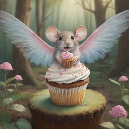 Illustrate a whimsical scene where a surprised yet delighted mouse in a magical forest witnesses a cupcake with whimsical wings flying past him, adding to the enchantment of the place.