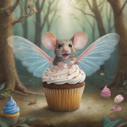 Illustrate a whimsical scene where a surprised yet delighted mouse in a magical forest witnesses a cupcake with whimsical wings flying past him, adding to the enchantment of the place.