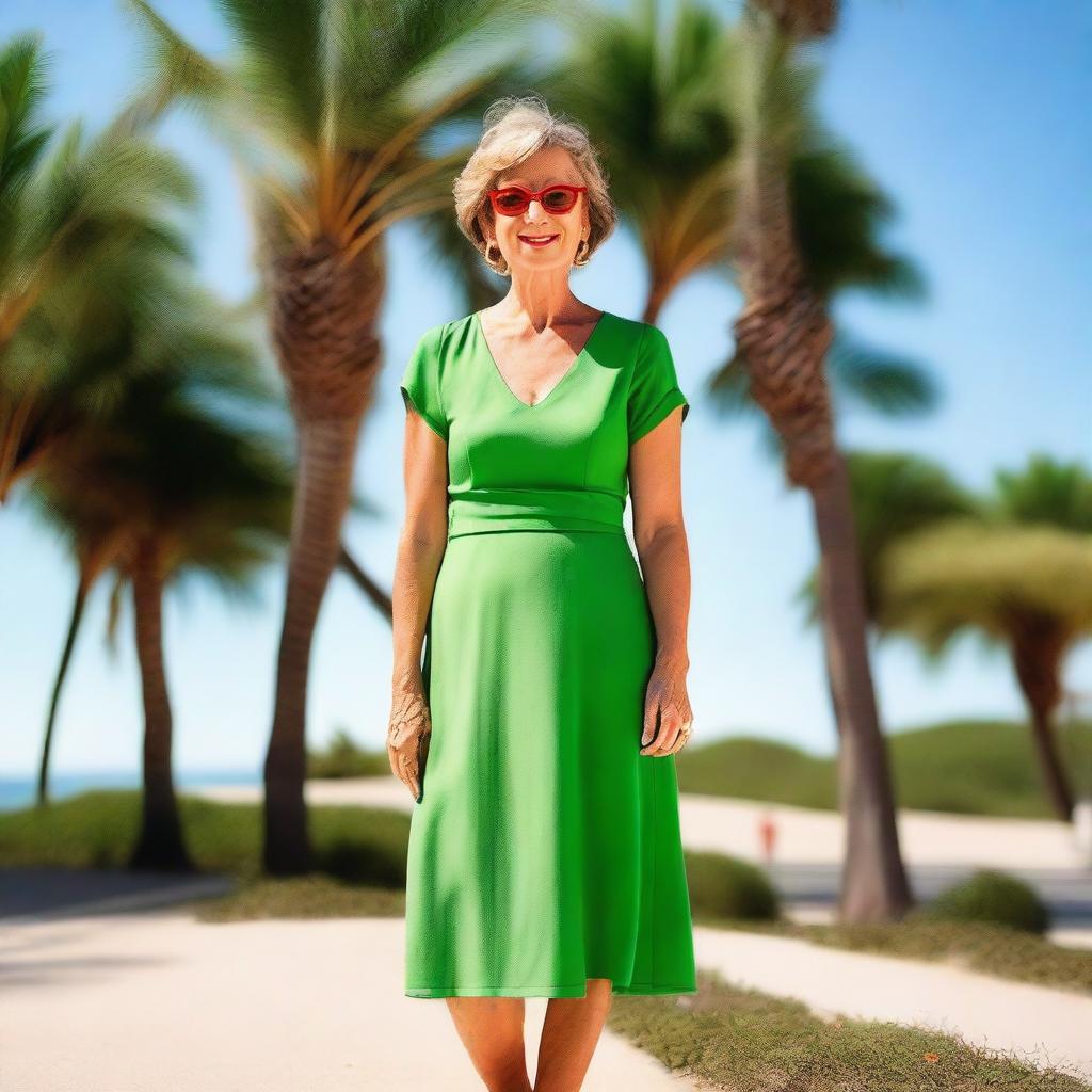 A mature woman wearing a summer green dress and glasses, standing with her toenails painted red