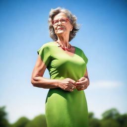 A mature woman wearing a summer green dress and glasses, standing with her toenails painted red