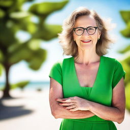 A mature woman wearing a summer green dress and glasses, standing with her toenails painted red