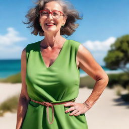 A mature woman wearing a summer green dress and glasses, standing with her toenails painted red
