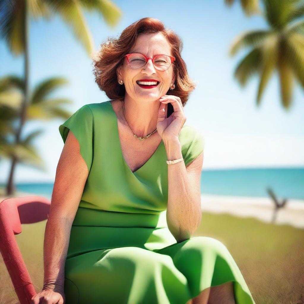 A mature woman wearing a summer green dress and glasses, sitting with her toenails painted red