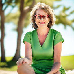 A mature woman wearing a summer green dress and glasses, sitting with her toenails painted red