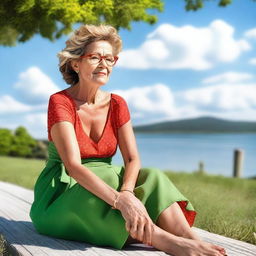 A mature woman wearing a summer green dress and glasses, sitting with her toenails painted red