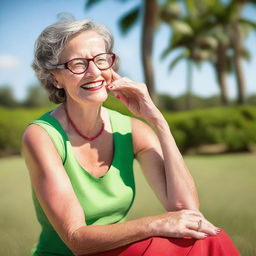 A mature woman wearing a summer green dress and glasses, sitting with her toenails painted red