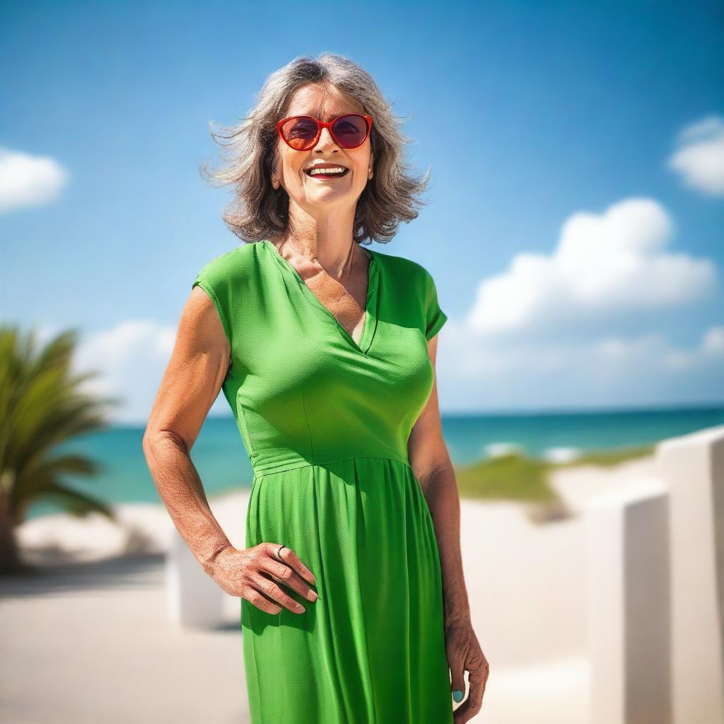 A sexy mature woman wearing a summer green dress and glasses, standing with her toenails painted red