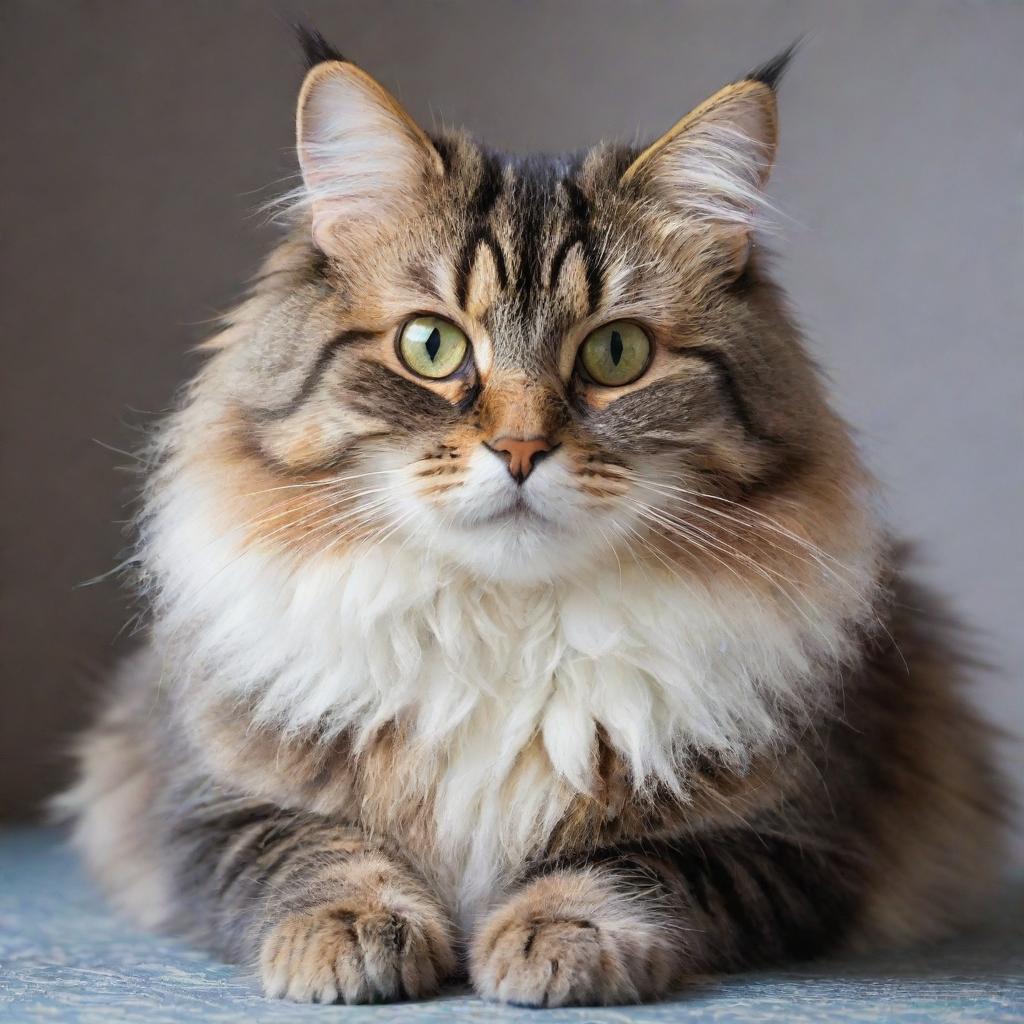 A fluffy, playful domestic cat with bright, sparkling eyes and patterned fur. It's sitting at ease, whiskers twitching curiously, tail wrapped neatly around its paws.