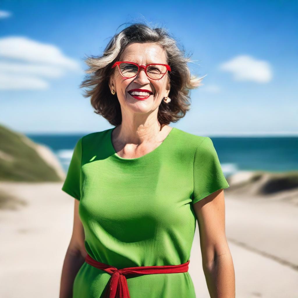 A mature woman wearing a summer green dress and glasses, standing with her toenails painted red