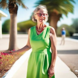 A mature woman wearing a summer green dress and glasses, standing with her toenails painted red