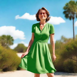 A mature woman wearing a summer green dress and glasses, standing with her toenails painted red