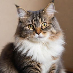 A fluffy, playful domestic cat with bright, sparkling eyes and patterned fur. It's sitting at ease, whiskers twitching curiously, tail wrapped neatly around its paws.