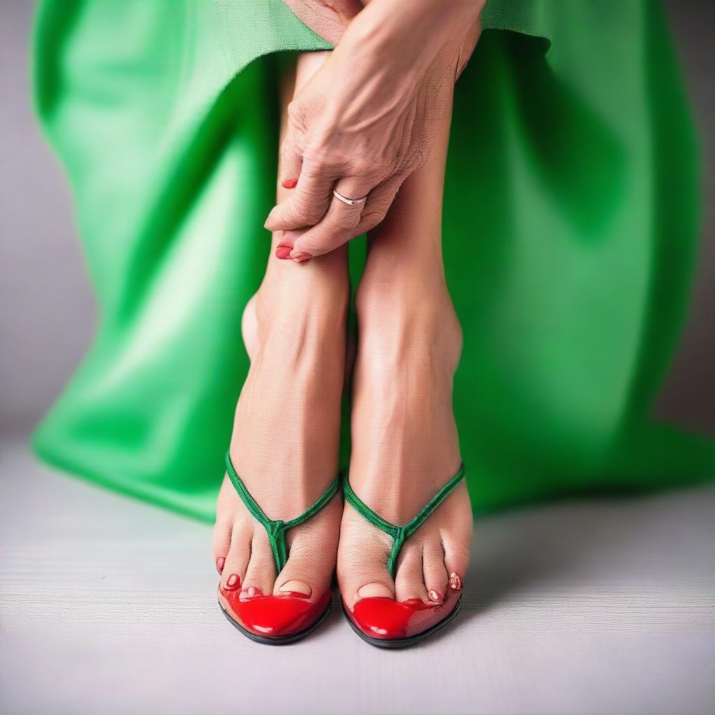 A close-up of a mature woman wearing a summer green dress and glasses, standing with her toenails painted red