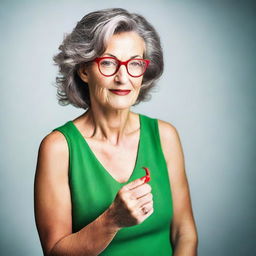 A close-up of a mature woman wearing a summer green dress and glasses, standing with her toenails painted red
