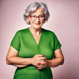 A close-up of a mature woman wearing a summer green dress and glasses, standing with her toenails painted red