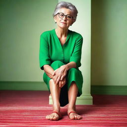 A close-up of a mature woman wearing a summer green dress and glasses, standing with her toenails painted red