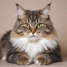 A fluffy, playful domestic cat with bright, sparkling eyes and patterned fur. It's sitting at ease, whiskers twitching curiously, tail wrapped neatly around its paws.