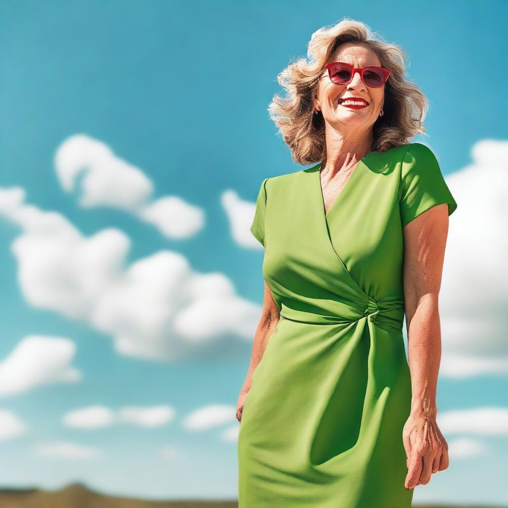 A hot mature woman wearing a summer green dress and glasses, standing with her toenails painted red
