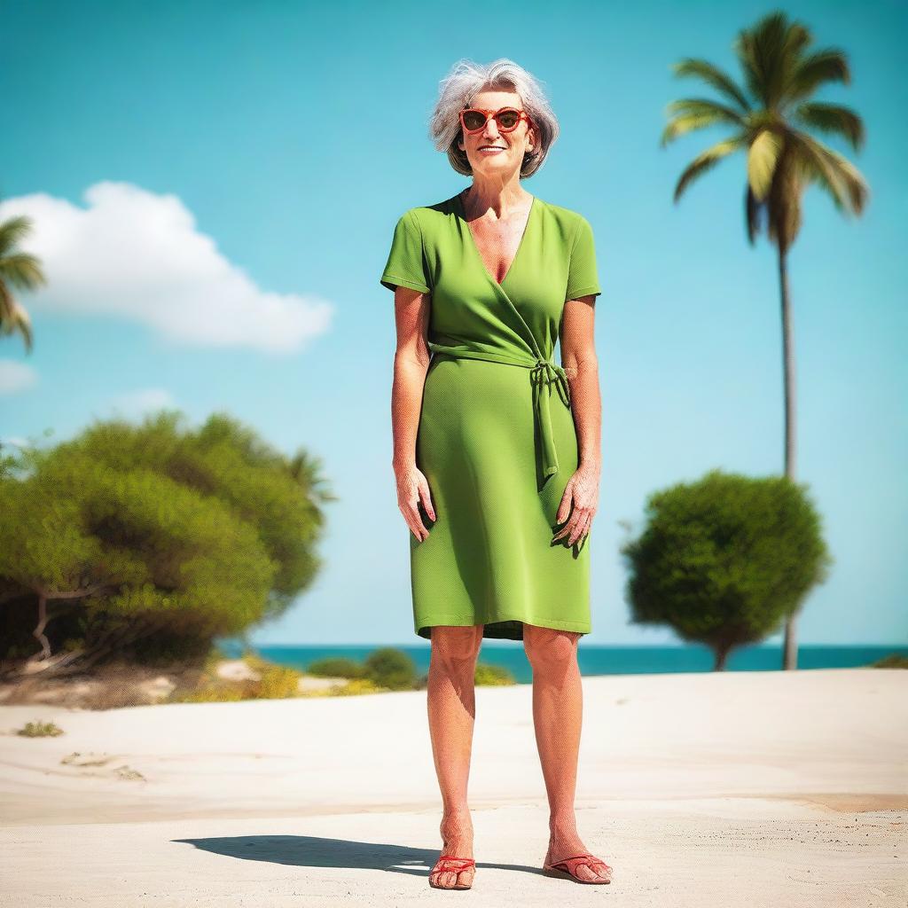 A hot mature woman wearing a summer green dress and glasses, standing with her toenails painted red