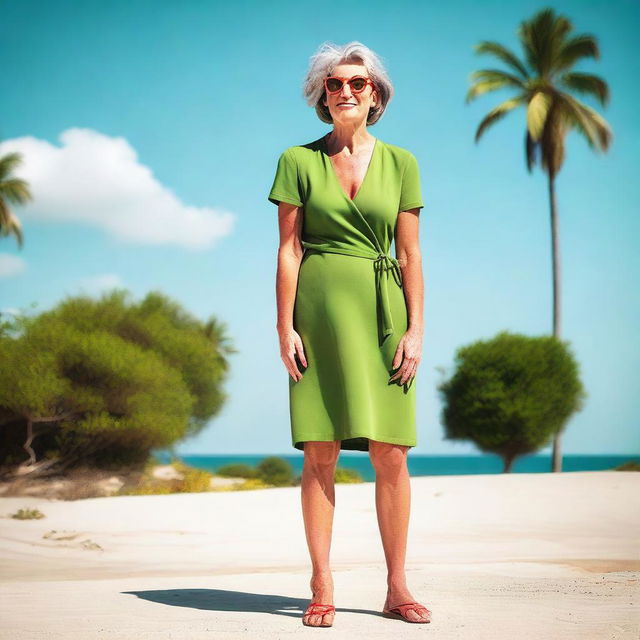 A hot mature woman wearing a summer green dress and glasses, standing with her toenails painted red
