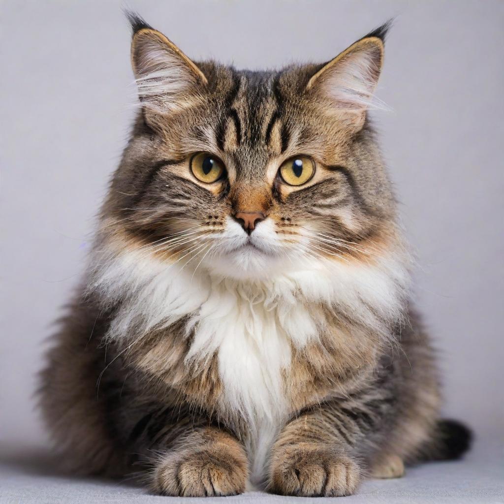 A fluffy, playful domestic cat with bright, sparkling eyes and patterned fur. It's sitting at ease, whiskers twitching curiously, tail wrapped neatly around its paws.