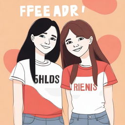 Create an image featuring the title 'Friends' with two girls, designed with a white and red color combination