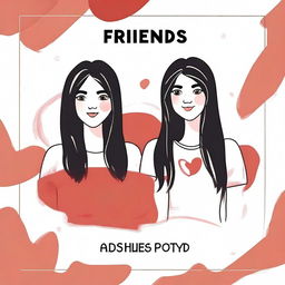 Create an image featuring the title 'Friends' with two girls, designed with a white and red color combination