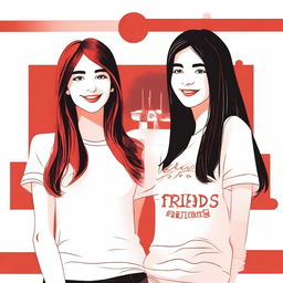 Create an image featuring the title 'Friends' with two girls, designed with a white and red color combination