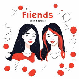 Create an image featuring the title 'Friends' with two girls, designed with a white and red color combination