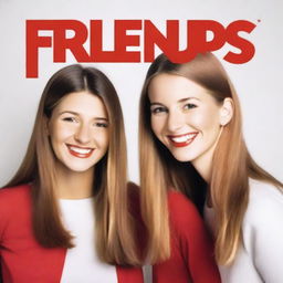 Create an image featuring the title 'Friends' with two girls, designed with a white and red color combination