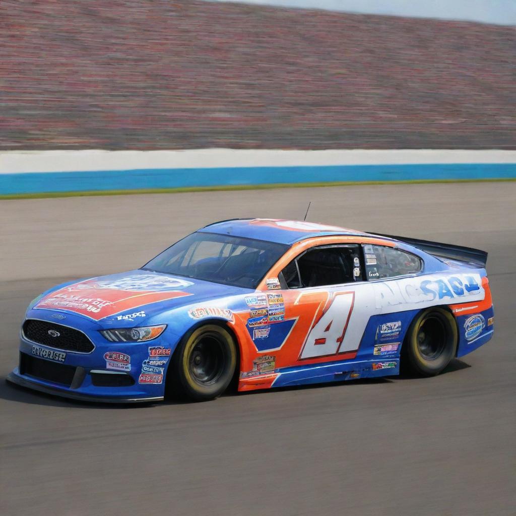 A Ford car stylized into a NASCAR iteration, showcased in vivid colors, ready-for-race modifications and branded with multiple sponsor logos.