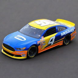 A Ford car stylized into a NASCAR iteration, showcased in vivid colors, ready-for-race modifications and branded with multiple sponsor logos.