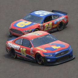 A Ford car stylized into a NASCAR iteration, showcased in vivid colors, ready-for-race modifications and branded with multiple sponsor logos.