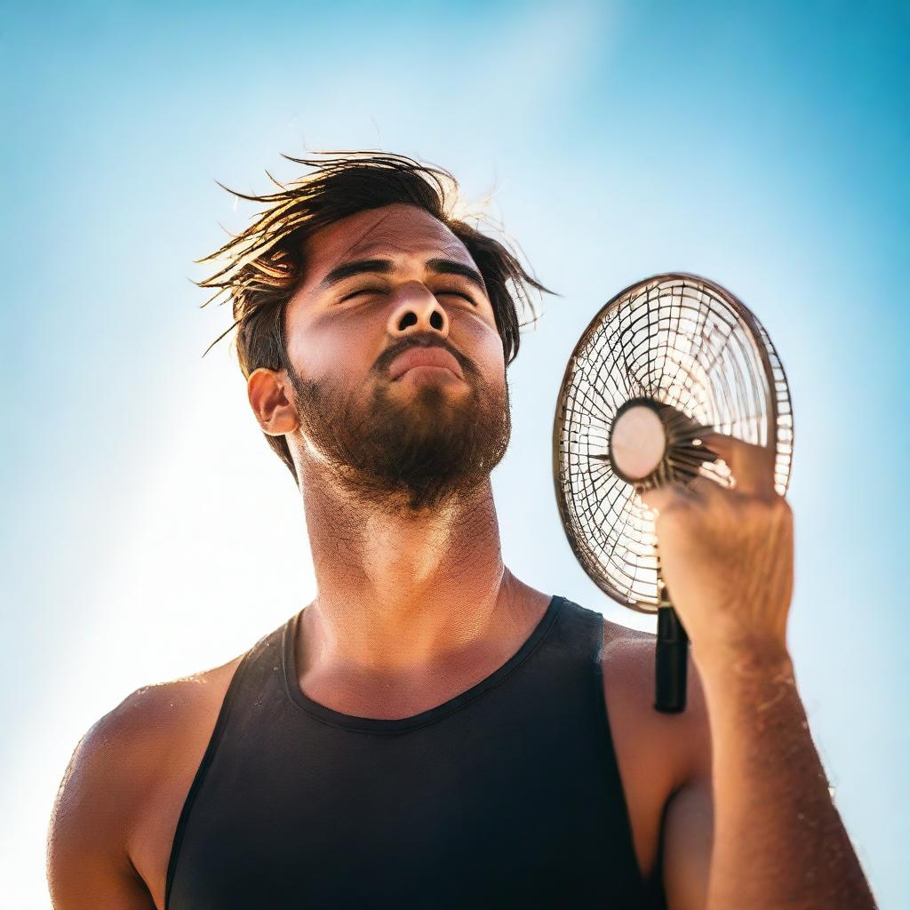 A visually striking image of a person feeling hot, with sweat dripping down their face and a fan blowing in the background