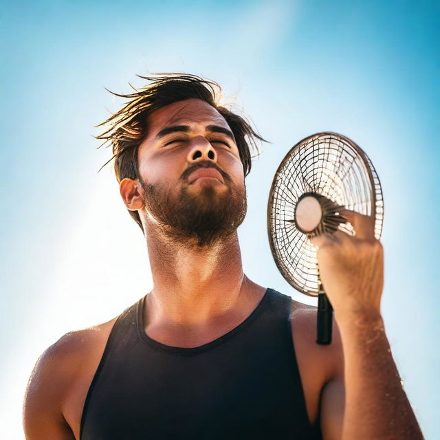 A visually striking image of a person feeling hot, with sweat dripping down their face and a fan blowing in the background