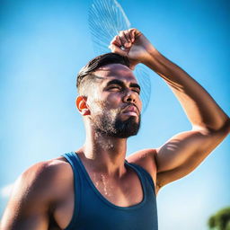 A visually striking image of a person feeling hot, with sweat dripping down their face and a fan blowing in the background