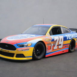 A Ford car stylized into a NASCAR iteration, showcased in vivid colors, ready-for-race modifications and branded with multiple sponsor logos.