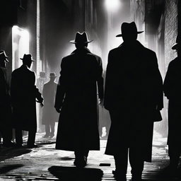 A dramatic scene depicting a tense standoff between mafia members and police officers in a dark alleyway