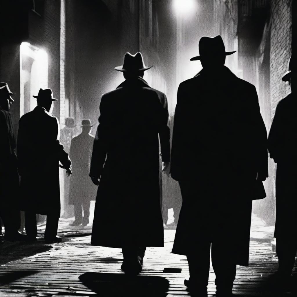 A dramatic scene depicting a tense standoff between mafia members and police officers in a dark alleyway