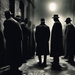 A dramatic scene depicting a tense standoff between mafia members and police officers in a dark alleyway