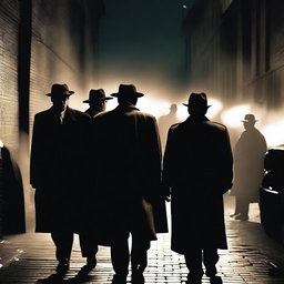 A dramatic scene depicting a tense standoff between mafia members and police officers in a dark alleyway