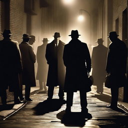 A dramatic scene depicting a tense standoff between mafia members and police officers in a dark alleyway