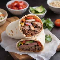 A delicious and well-prepared shawarma wrapped in pita bread, with visible layers of succulent marinated meat, freshly cut vegetables, and flavorful sauces.