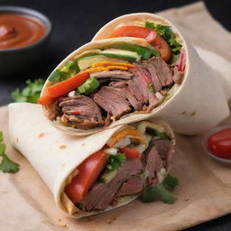 A delicious and well-prepared shawarma wrapped in pita bread, with visible layers of succulent marinated meat, freshly cut vegetables, and flavorful sauces.