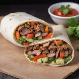 A delicious and well-prepared shawarma wrapped in pita bread, with visible layers of succulent marinated meat, freshly cut vegetables, and flavorful sauces.