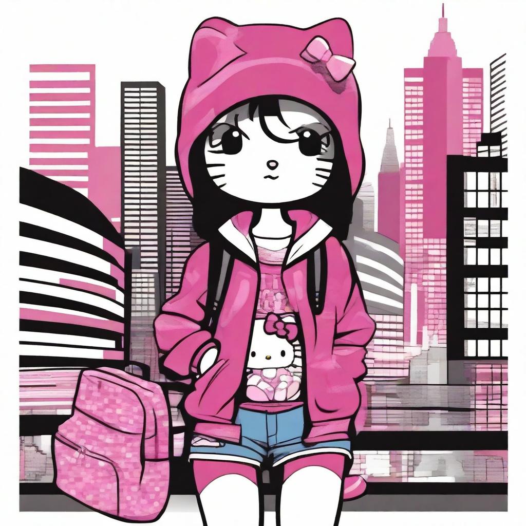 Create an image of a cool city girl with a Hello Kitty theme