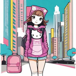 Create an image of a cool city girl with a Hello Kitty theme